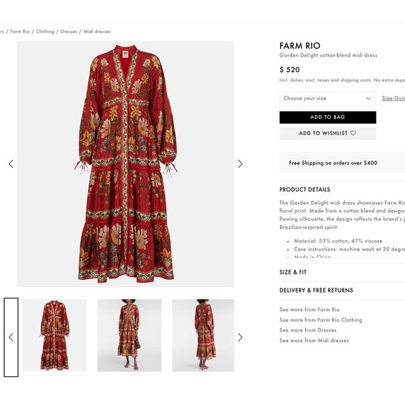 $350 NWT FARM RIO Garden Delight Red Fall Floral Midi Dress – Medium - Picture 14 of 15